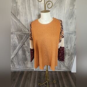 Cato Hooded Orange Waffle Knit Top With Plaid And Flowered Sleeves
